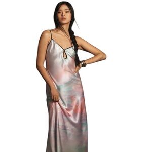 NEW Anthropologie Geisha Designs Pink Purple Watercolor Maxi Slip Dress Large